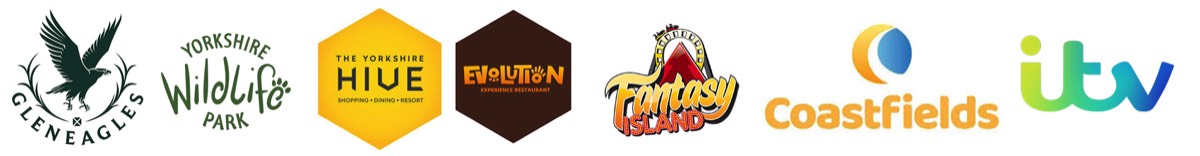 Logos of companies we produce shows for including, Gleneagles, Yorkshire Wildlife Park, Yorkshire Hive,Evolution, Fantasy Island, Coastfields Leisure and ITV