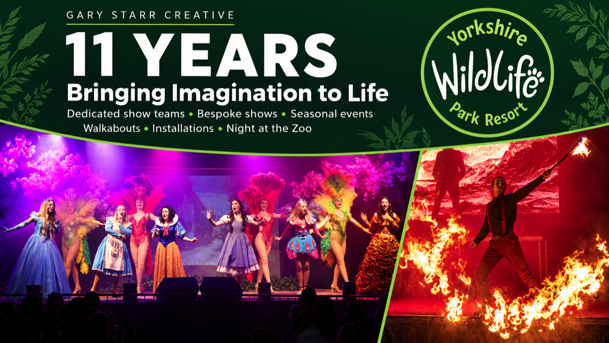 A fire act swirls a flame in a circle and 6 fairytale  Princesses