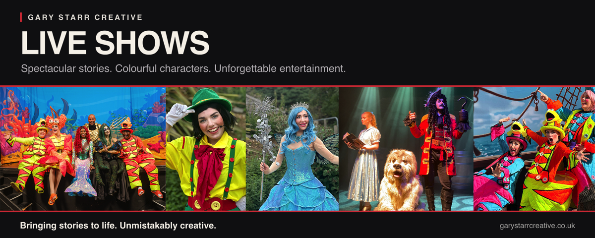 cast of the little mermaid sit on a stage, pinocchio tips his hat and many pirates assemble in bright coloured costumes