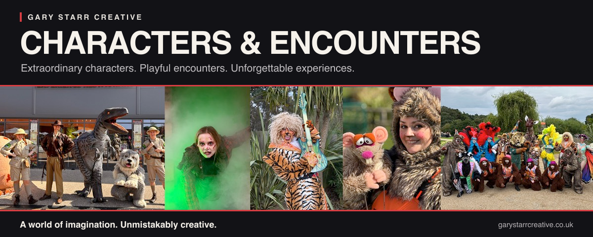 Characters and encounters, dog, dinosaur and a tiger playing a rock guitar